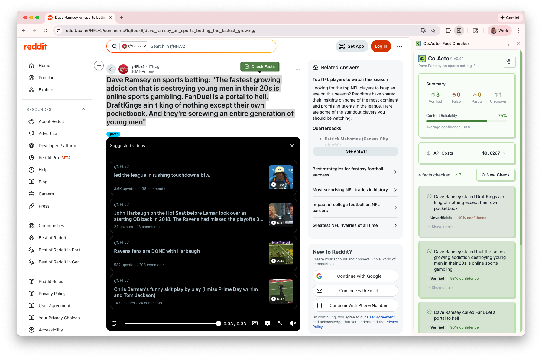 Detailed fact-check verdict showing confidence score and source citations