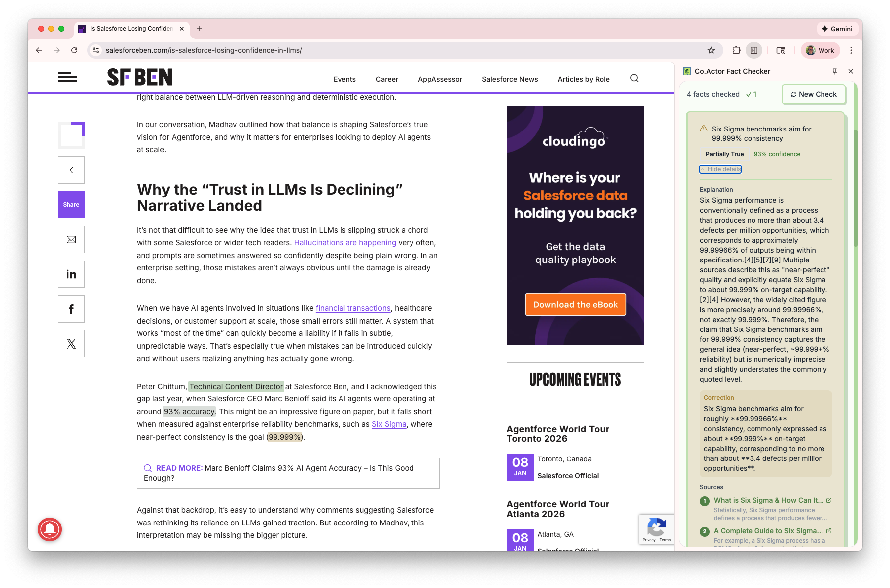 Co.Actor Fact Checker Chrome extension popup showing fact-check results with TRUE and FALSE verdicts